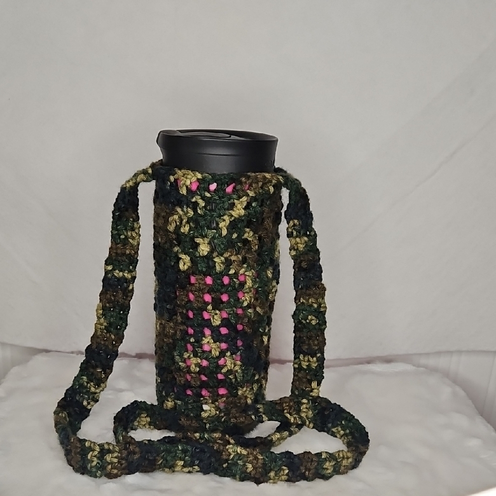 Handmade Camo Multicolor Crochet Bottle Holder Bag